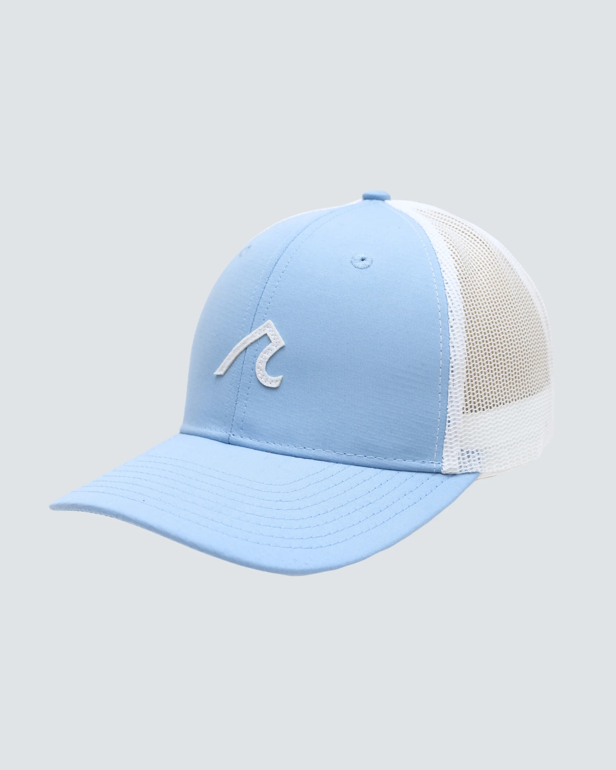 Stitched R Logo 5 Panel Trucker Hat in Blue Horizon