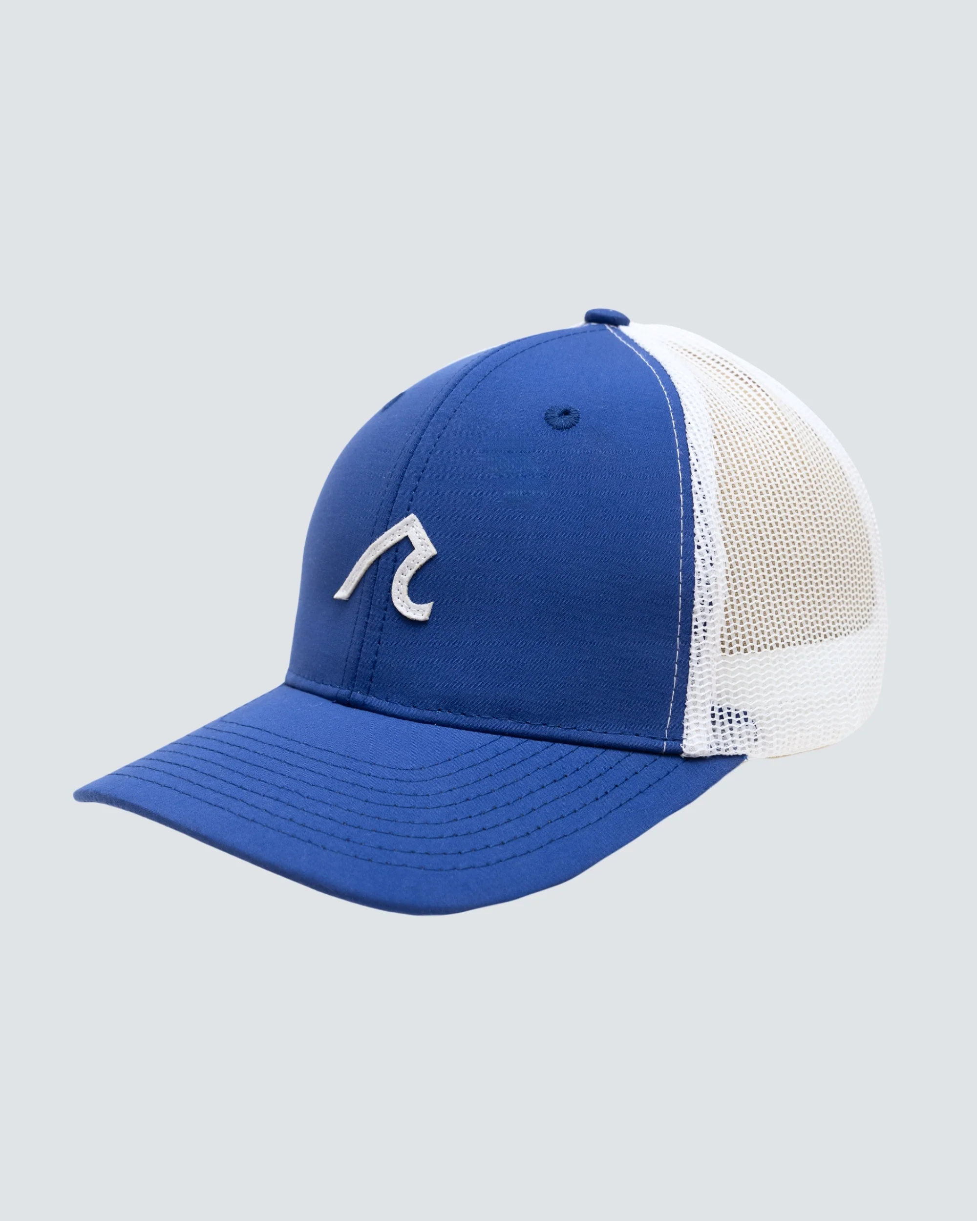 Stitched R Logo 5 Panel Trucker Hat in Mazarine Blue