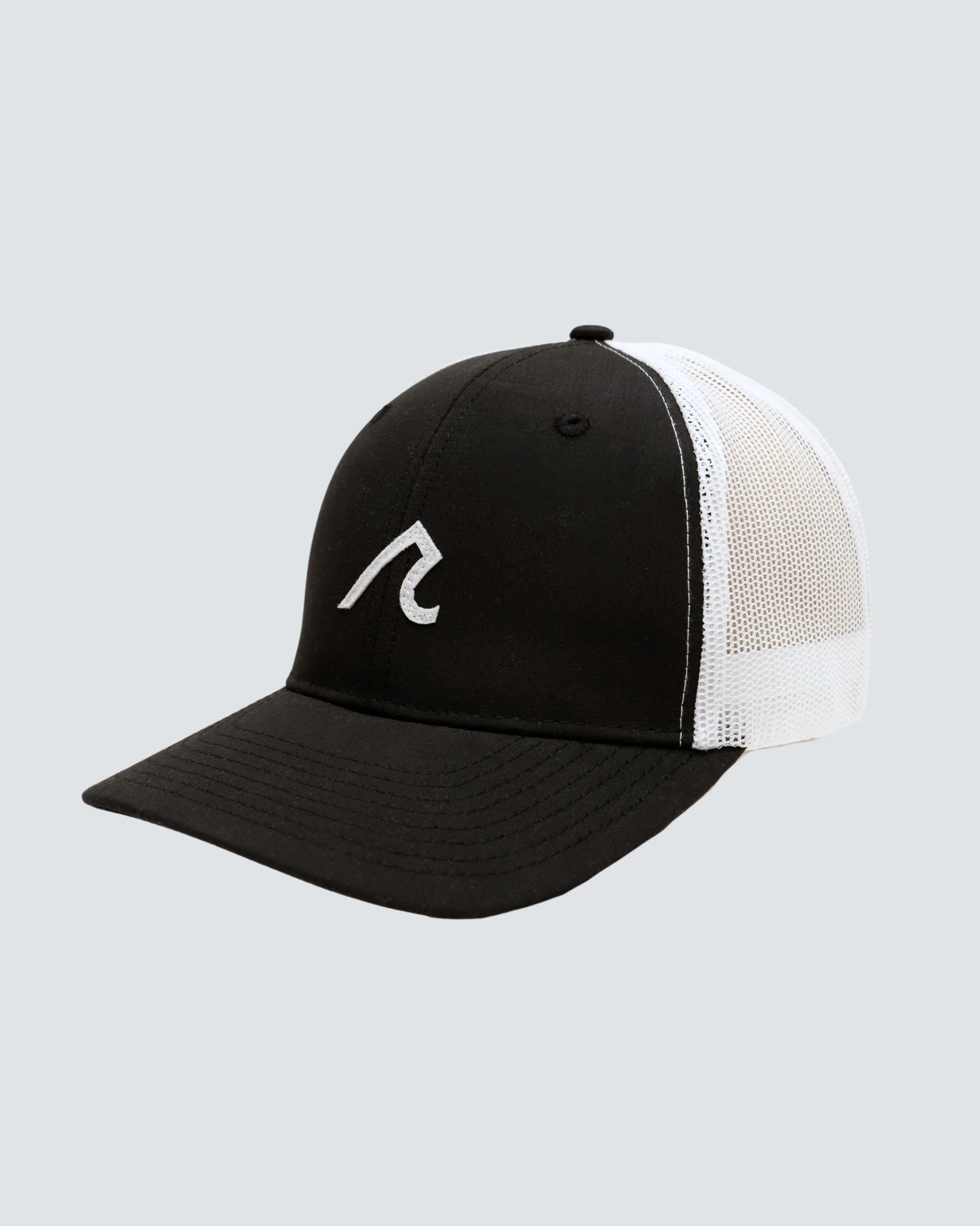 Stitched R Logo 5 Panel Trucker Mesh Hat in Tuxedo
